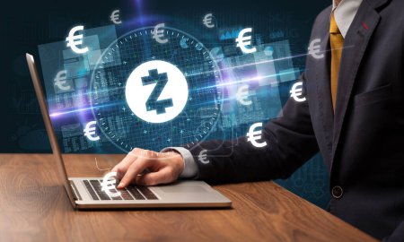 Photo for Business hand working in stock market with zcash icons coming out from laptop screen - Royalty Free Image