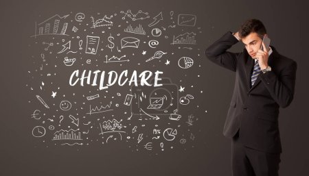 Photo for Businessman thinking with CHILDCARE inscription, business education concept - Royalty Free Image