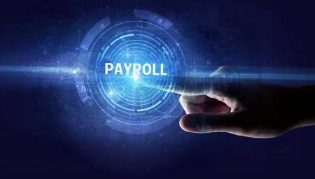 Photo for Hand touching PAYROLL button, modern business technology concept - Royalty Free Image