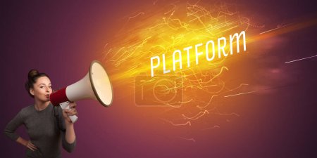 Photo for Young girld shouting in megaphone with PLATFORM inscription, online shopping concept - Royalty Free Image