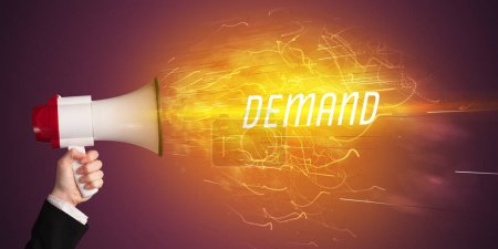 Photo for Young girld shouting in megaphone with DEMAND inscription, online shopping concept - Royalty Free Image