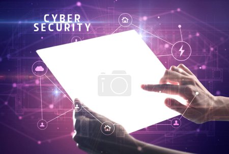 Photo for Holding futuristic tablet with CYBER SECURITY inscription, cyber security concept - Royalty Free Image