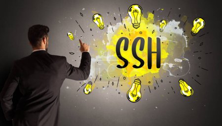 Foto de Hombre de negocios dibujo bombilla de colores con abreviatura SSH, concepto de idea de nueva tecnología - Imagen libre de derechos
