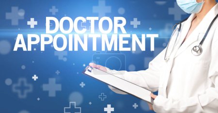 Photo for Doctor writes notes on the clipboard with DOCTOR APPOINTMENT inscription, first aid concept - Royalty Free Image