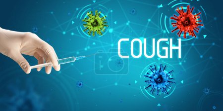 Photo for Syringe, medical injection in hand with COUGH inscription, coronavirus vaccine concept - Royalty Free Image