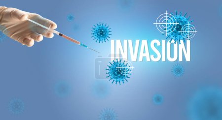 Photo for Close-up view of doctors hand in a white glove holding syringe with INVASION inscription, coronavirus antidote concept - Royalty Free Image