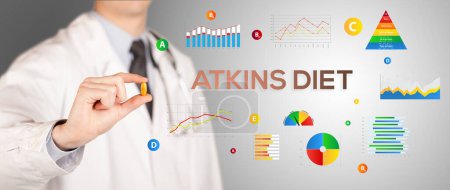 Photo for Nutritionist giving you a pill with ATKINS DIET inscription, healthy lifestyle concept - Royalty Free Image