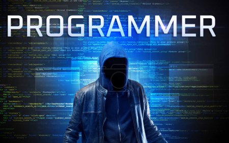 Photo for Faceless hacker with PROGRAMMER inscription on a binary code background - Royalty Free Image