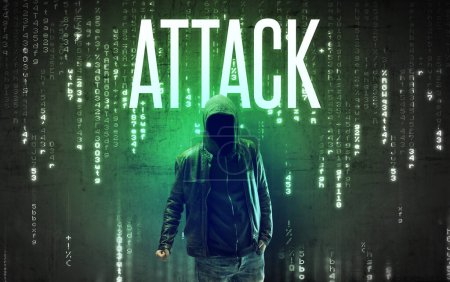Téléchargez les photos : Hacker sans visage avec inscription ATTACK, concept de piratage - en image libre de droit