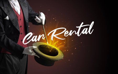 Photo for Magician is showing magic trick with Car Rental inscription, traveling concept - Royalty Free Image
