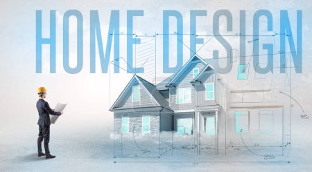 Photo for Young engineer holding blueprint with HOME DESIGN inscription, house planning concept - Royalty Free Image
