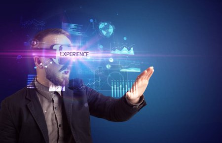 Photo for Businessman looking through Virtual Reality glasses with EXPERIENCE inscription, new business concept - Royalty Free Image