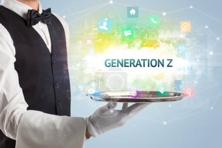 Photo for Waiter serving social networking concept with GENERATION Z inscription - Royalty Free Image