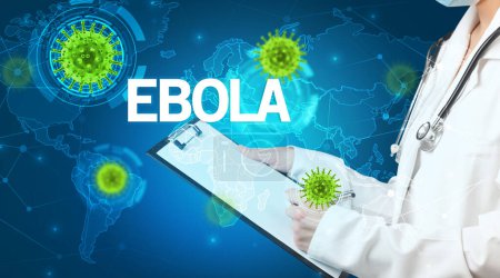 Photo for Doctor fills out medical record with EBOLA inscription, virology concept - Royalty Free Image