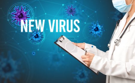 Téléchargez les photos : Médecin prescrit une ordonnance avec inscription NEW VIRUS, concept pandémique - en image libre de droit