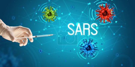 Photo for Syringe, medical injection in hand with SARS inscription, coronavirus vaccine concept - Royalty Free Image