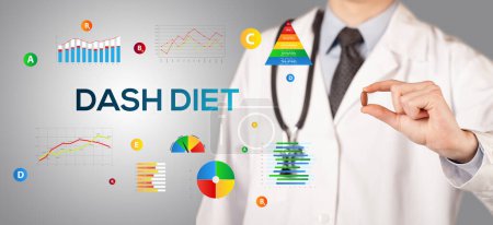 Nutritionist giving you a pill with DASH DIET inscription, healthy lifestyle concept