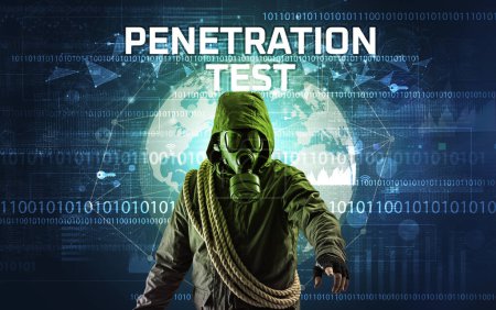Téléchargez les photos : Hacker sans visage au travail avec inscription PENETRATION TEST, concept de sécurité informatique - en image libre de droit