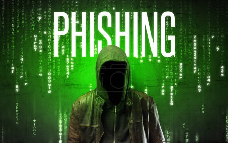 Téléchargez les photos : Hacker sans visage avec inscription PHISHING, concept de piratage - en image libre de droit
