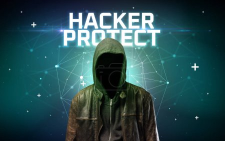 Téléchargez les photos : Mystérieux hacker avec inscription HACKER PROTECT, inscription de concept d'attaque en ligne, concept de sécurité en ligne - en image libre de droit