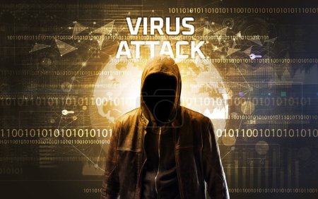 Photo for Faceless hacker at work with VIRUS ATTACK inscription, Computer security concept - Royalty Free Image