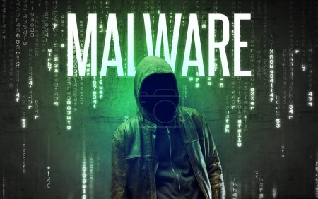 Foto de Hacker sin rostro con inscripción MALWARE, concepto de hacking - Imagen libre de derechos