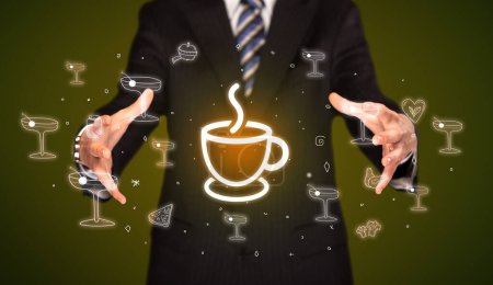 Photo for Hand holding cup of coffee icon, healthy food delivery concept - Royalty Free Image