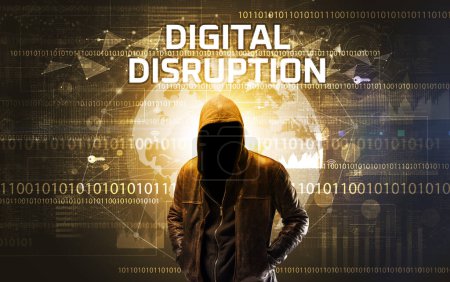 Photo for Faceless hacker at work with DIGITAL DISRUPTION inscription, Computer security concept - Royalty Free Image