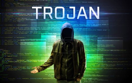 Photo for Faceless hacker with TROJAN inscription on a binary code background - Royalty Free Image