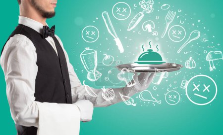 Photo for Waiter holding silver tray with hot food icons coming out of it, health food concept - Royalty Free Image