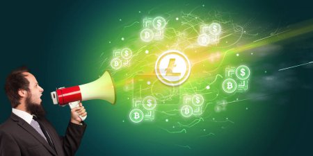 Photo for Young person yelling in megaphone and litecoin icon, currency exchange concept - Royalty Free Image