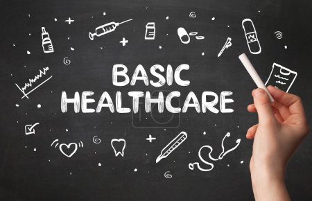 Photo for Hand drawing BASIC HEALTHCARE inscription with white chalk on blackboard, medical concept - Royalty Free Image