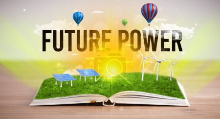 Téléchargez les photos : Livre ouvert avec inscription FUTURE POWER, concept d'énergie renouvelable - en image libre de droit