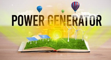 Foto de Libro abierto con inscripción POWER GENERATOR, concepto de energía renovable - Imagen libre de derechos