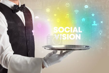 Photo for Waiter serving social networking with SOCIAL VISION inscription, new media concept - Royalty Free Image