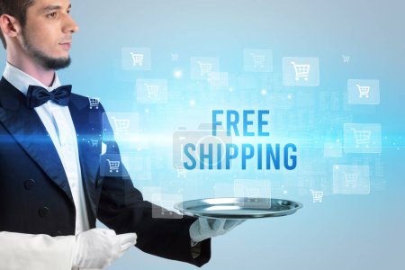 Photo for Waiter serving FREE SHIPPING inscription, online shopping concept - Royalty Free Image
