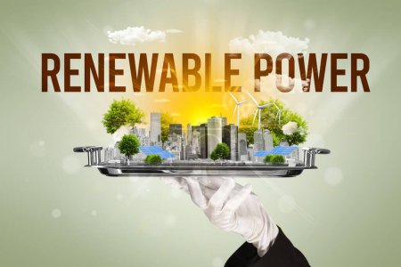 Téléchargez les photos : Serveur au service de l'éco ville avec inscription RENOUVELABLE POWER, concept d'énergie renouvelable - en image libre de droit