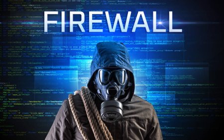 Photo for Faceless hacker with FIREWALL inscription on a binary code background - Royalty Free Image