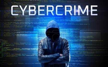 Photo for Faceless hacker with CYBERCRIME inscription on a binary code background - Royalty Free Image