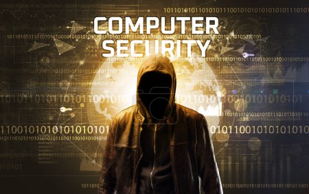 Foto de Hacker sin rostro en el trabajo con la inscripción de seguridad informática, concepto de seguridad informática - Imagen libre de derechos