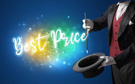 Téléchargez les photos : Main de magicien conjure avec baguette et inscription Best Price, concept shopping - en image libre de droit
