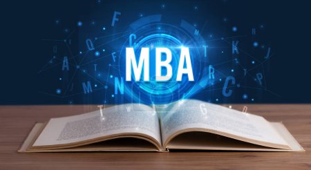 Téléchargez les photos : Inscription MBA issue d'un livre ouvert, concept de technologie numérique - en image libre de droit