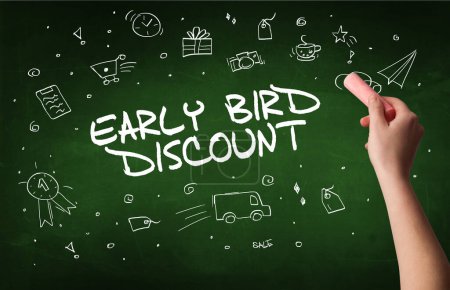 Photo for Hand drawing EARLY BIRD DISCOUNT inscription with white chalk on blackboard, online shopping concept - Royalty Free Image