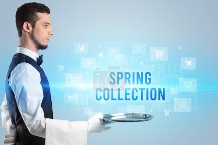 Photo for Waiter serving SPRING COLLECTION inscription, online shopping concept - Royalty Free Image