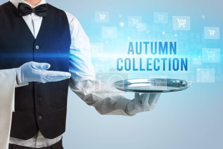Photo for Waiter serving AUTUMN COLLECTION inscription, online shopping concept - Royalty Free Image