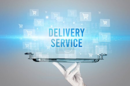 Photo for Waiter serving DELIVERY SERVICE inscription, online shopping concept - Royalty Free Image
