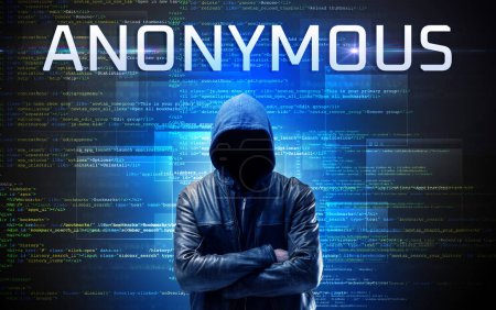 Photo for Faceless hacker with ANONYMOUS inscription on a binary code background - Royalty Free Image