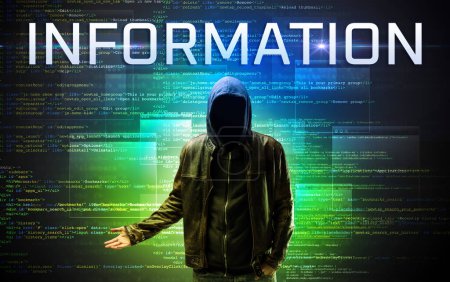 Photo for Faceless hacker with INFORMATION inscription on a binary code background - Royalty Free Image