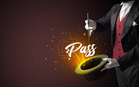 Photo for Magician is showing magic trick with Pass inscription, traveling concept - Royalty Free Image