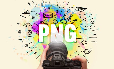 Foto de Primer plano de una cámara digital de mano con dibujo abstracto e inscripción PNG - Imagen libre de derechos